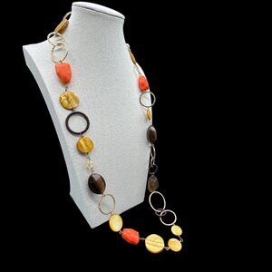 Necklace Orange Aventurine Beads and Dyed Mother of Pearl Disks 30 inches